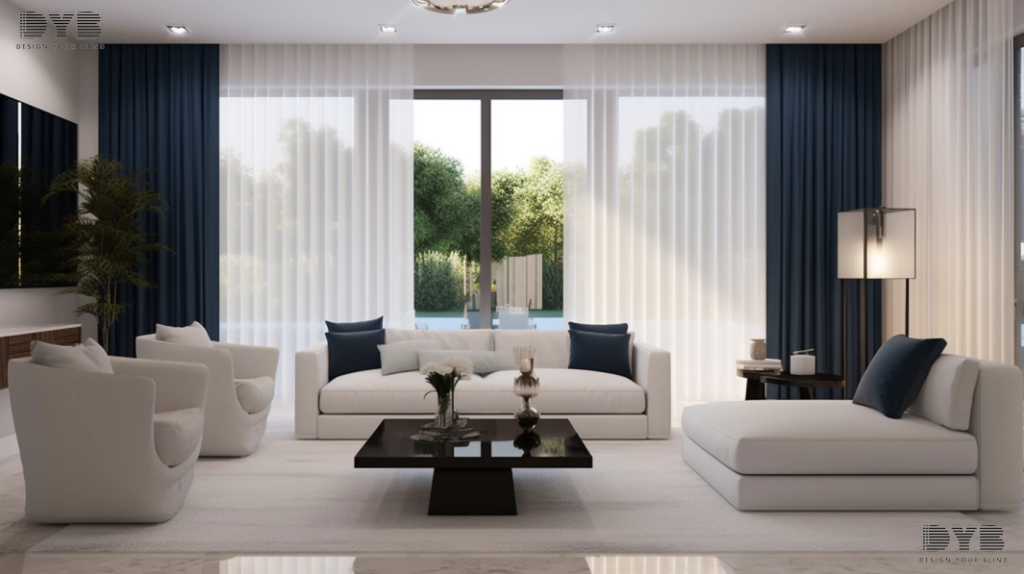 Blackout curtains in a minimalist living room, Boca Raton
