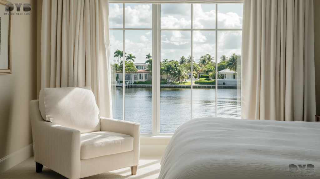 Blackout curtains in a coastal master bedroom, Boca Raton
