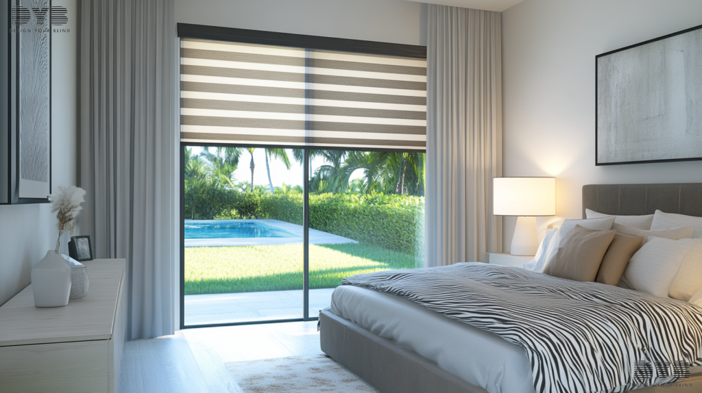 A minimalist guest bedroom with Zebra Shades on the window overlooking a backyard