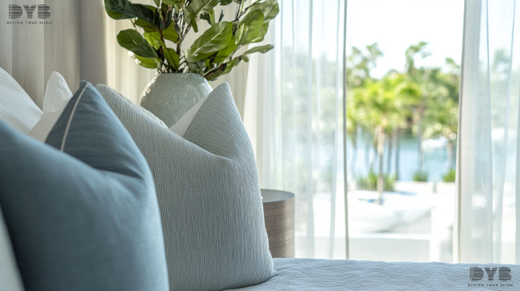 A close-up shot of a window with sheer curtains in a Boca Raton guest bedroom.