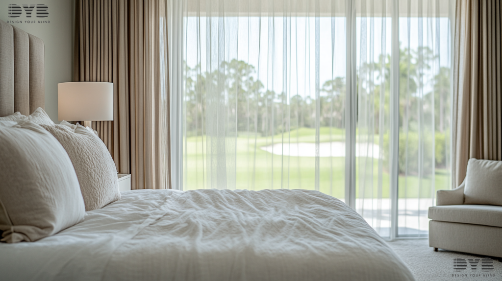 A guest bedroom in Boca Raton, FL, with sheer curtains on the windows and a king-sized bed.