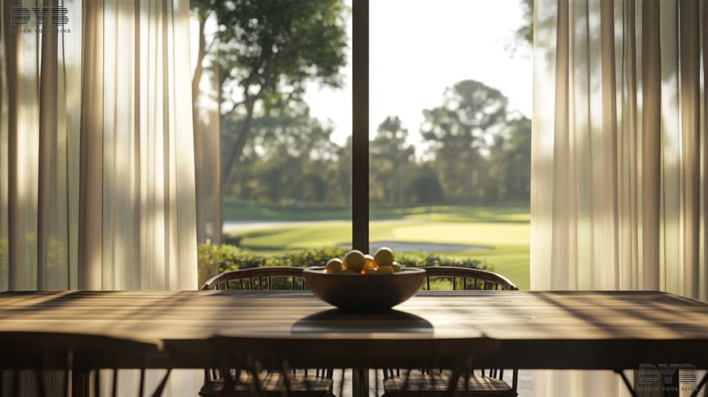 A casual dining room with a dining table set for a meal and sheer curtains on the windows.