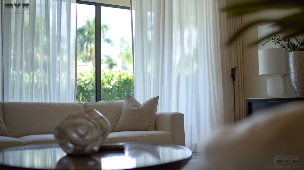 A formal living room with sheer curtains on the windows, overlooking a garden.
