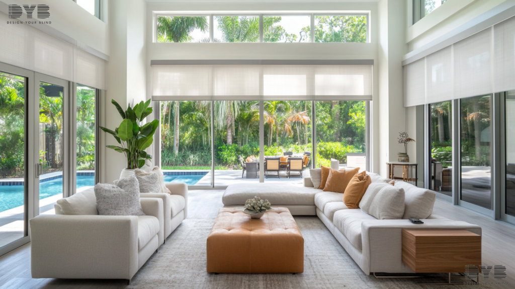 Blackout roller shades in a West Palm Beach living room with a farmhouse modern design, featuring a backyard view.