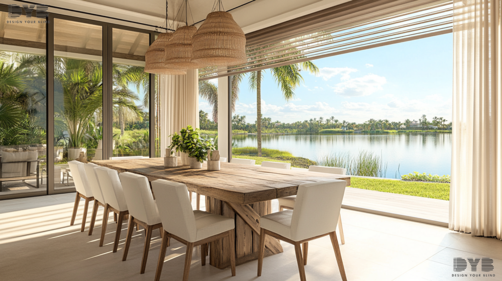A farmhouse modern dining room with Zebra Shades on the window overlooking a lake