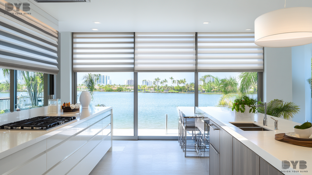 A modern kitchen with a Zebra Shade on the window overlooking a lake