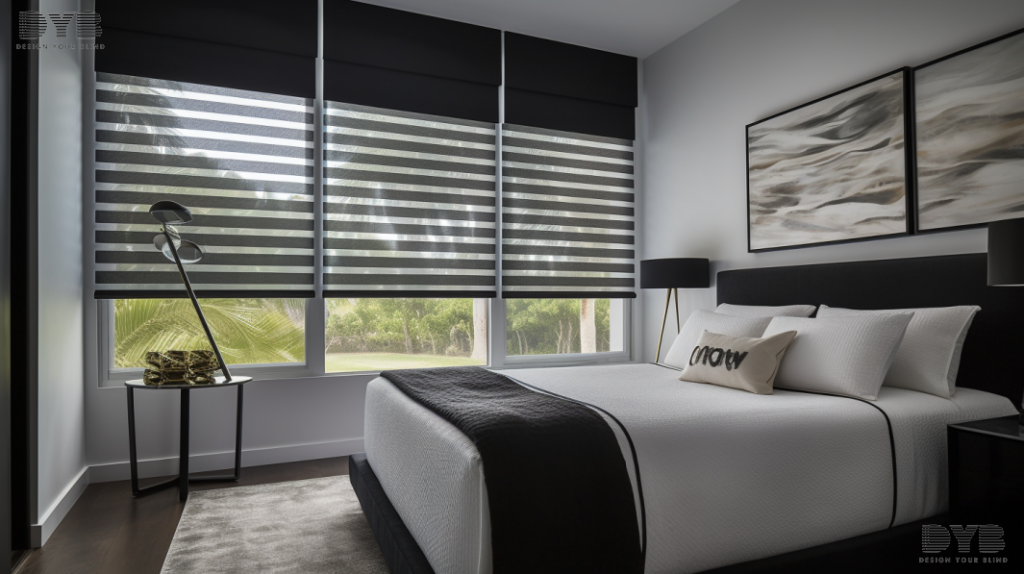 A modern guest bedroom with Zebra Shades on the window overlooking a backyard with a pool