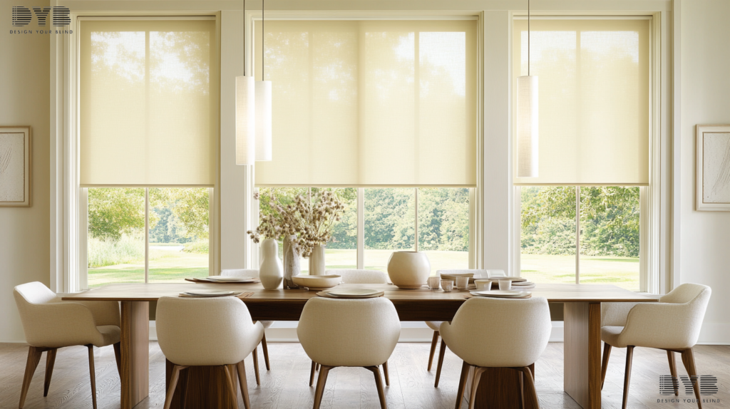 A bright and airy casual dining room in Boca Raton, Florida, featuring Roller Shades on a large window overlooking a tranquil lake.