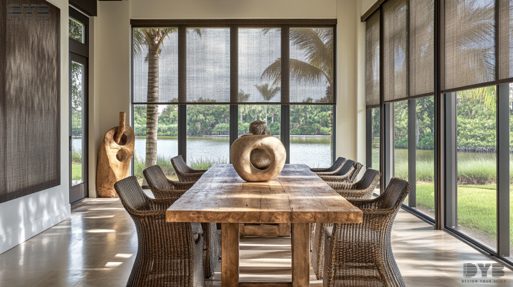 A Boynton Beach Dining Room with a rustic wood dining table and chairs from Crate & Barrel, showcasing a Farmhouse Modern style. The Roller Shades are partially closed, creating a play of light and shadow.