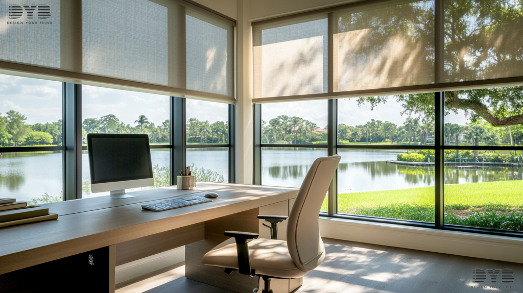 A Boynton Beach Home Office with a minimalist desk and ergonomic chair from Arhaus. Partially closed Roller Shades offer a view of a serene lake, showcasing the beauty and functionality of Roller Shades.