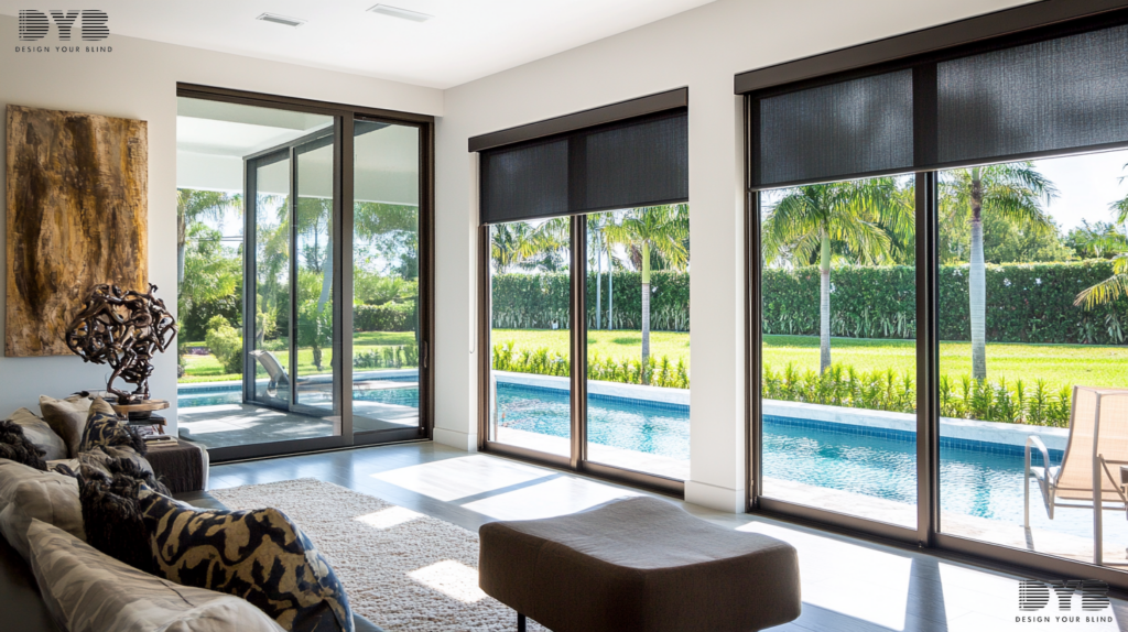 A Family Room in Palm Beach Gardens, FL, with Blackout Roller Shades, a contemporary sculpture, and a view of a backyard with a pool.