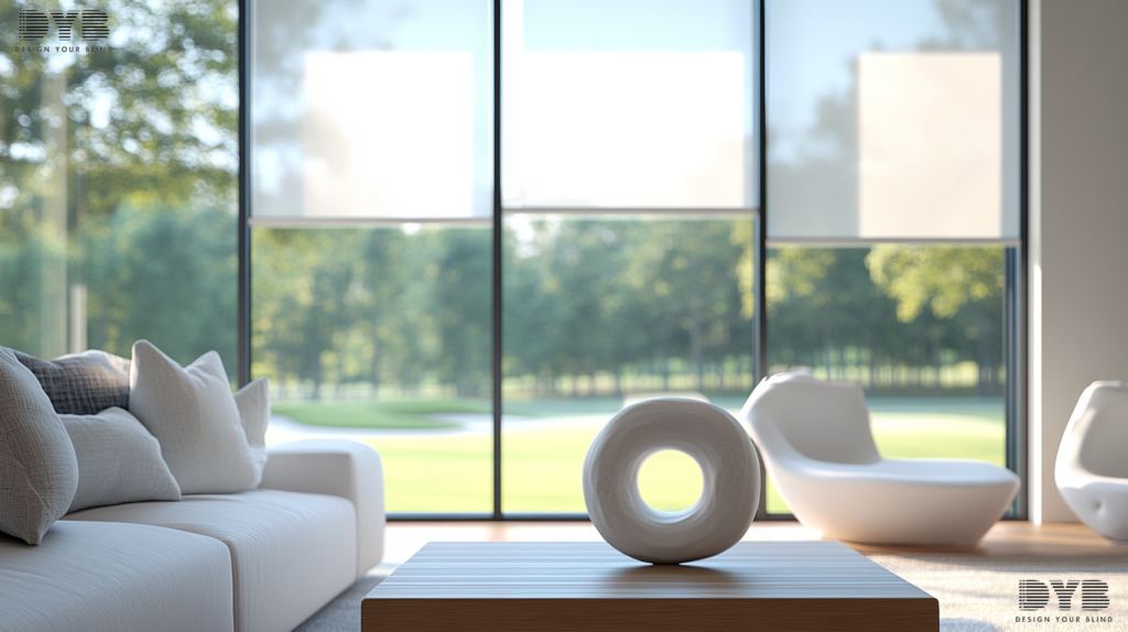 A Formal Living Room in Palm Beach Gardens, FL, with Blackout Roller Shades, a contemporary sculpture, and a view of a golf course.