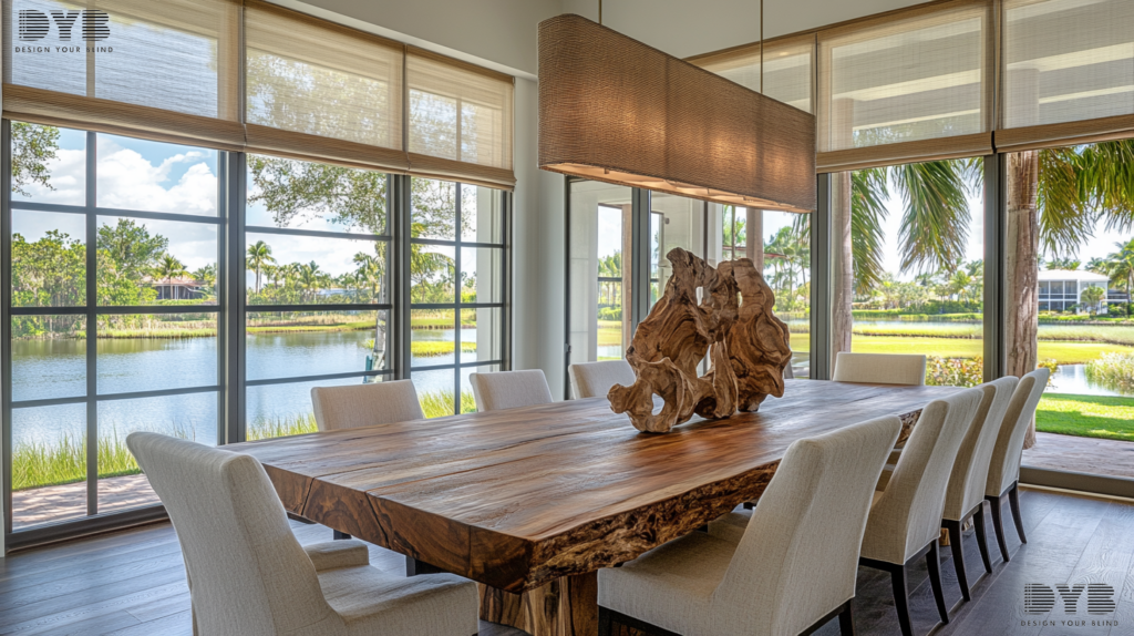 A Boynton Beach Dining Room with a rustic wood dining table and chairs from Crate & Barrel, showcasing a Farmhouse Modern style. Fully closed Roller Shades enhance the cozy ambiance.