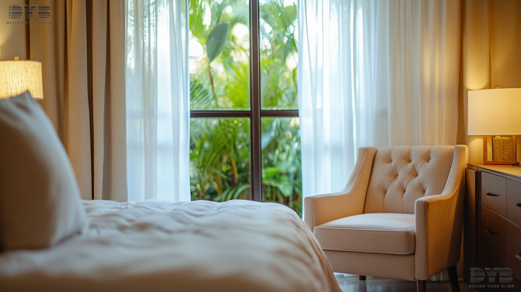 A bright and airy bedroom in Lighthouse Point, FL, with sheer curtains and a view of the garden.