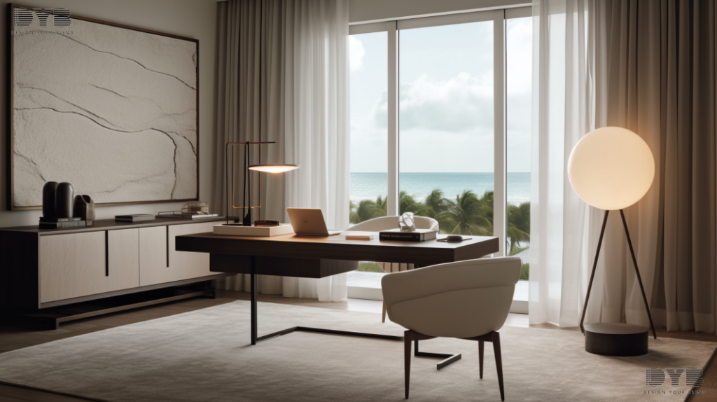 A modern home office in Lighthouse Point, FL, with sheer curtains and a view of the ocean.