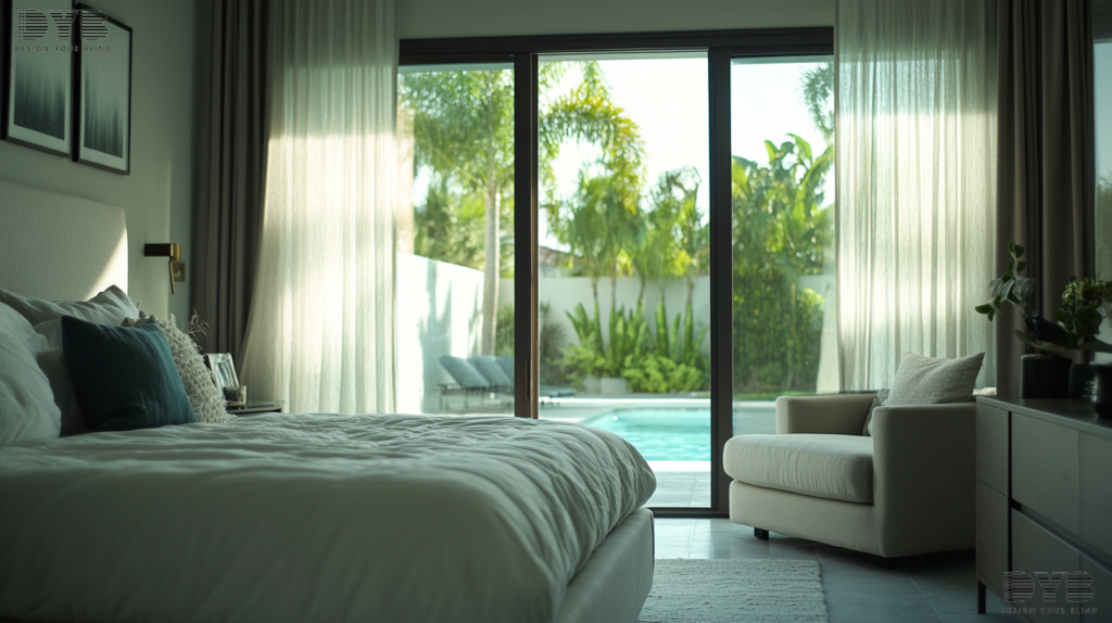 A serene master bedroom in Lighthouse Point, FL, with sheer curtains and a view of the backyard with a pool.