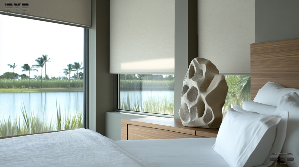 A Palm Beach Gardens bedroom with a sleek, white bed, plush bedding, and blackout roller shades. The windows overlook a peaceful lake.
