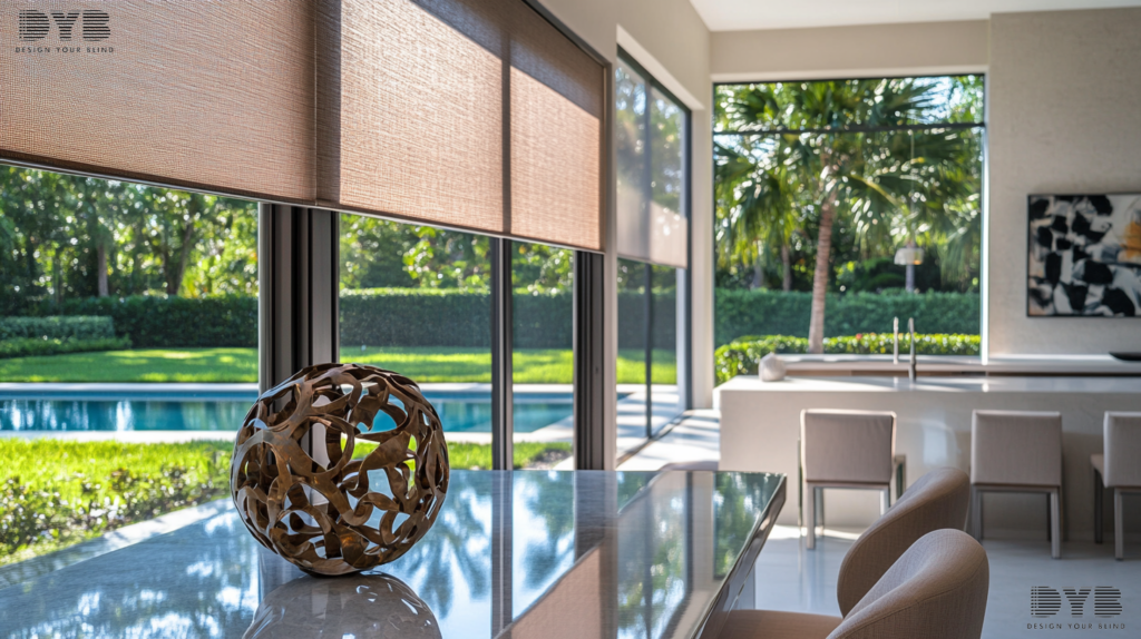 A Palm Beach Gardens, FL kitchen with Blackout Roller Shades, a contemporary sculpture, and a view of a backyard with a pool.