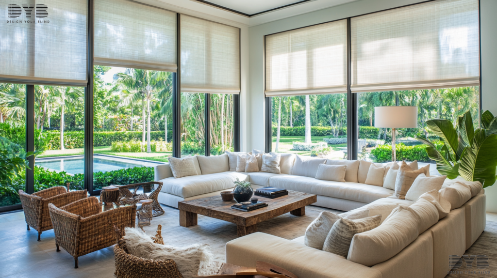 A spacious formal living room in Boca Raton, Florida, featuring Roller Shades on a large window overlooking a lush garden.