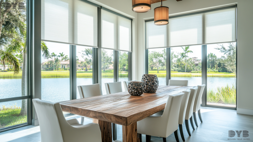 A Boynton Beach Casual Dining Room with a rustic wood dining table and chairs from Arhaus, showcasing a Farmhouse Modern style. Fully closed Roller Shades enhance the cozy ambiance.