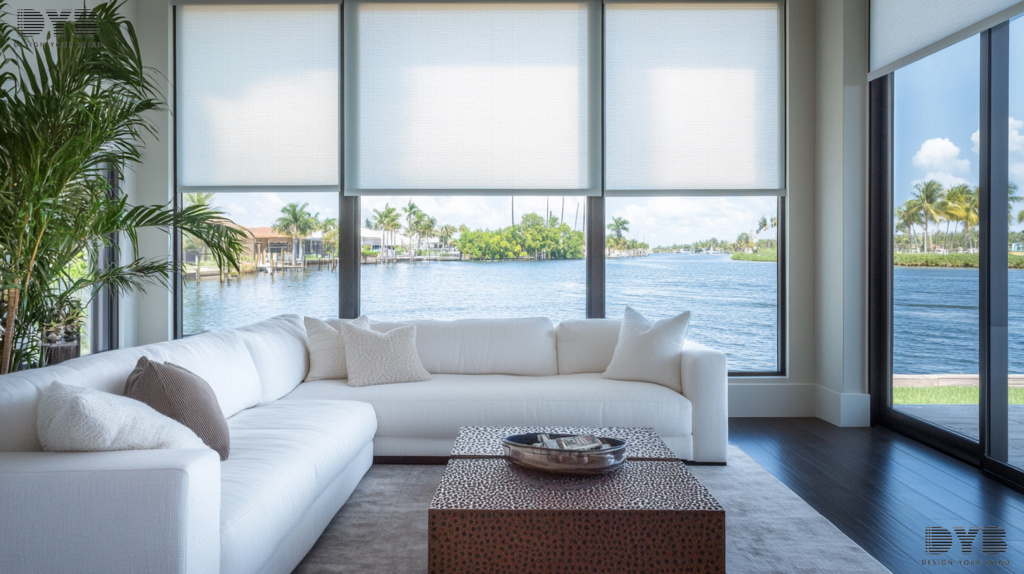 A Boynton Beach Family Room with sleek furniture, partially drawn Roller Shades and canal views, showcasing Urban Modern design.