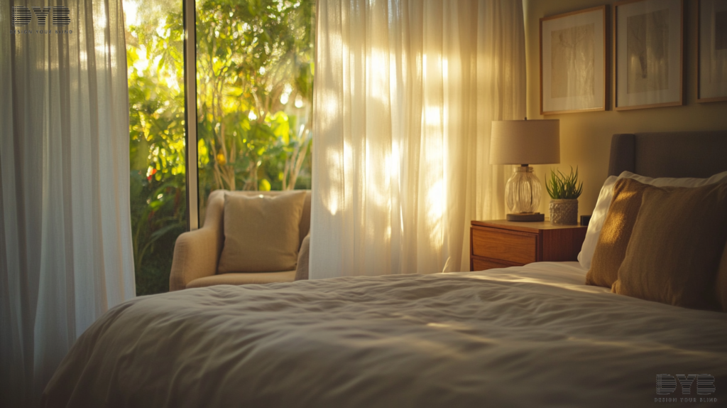 A cozy bedroom in Lighthouse Point, FL, with sheer curtains and a view of the garden.