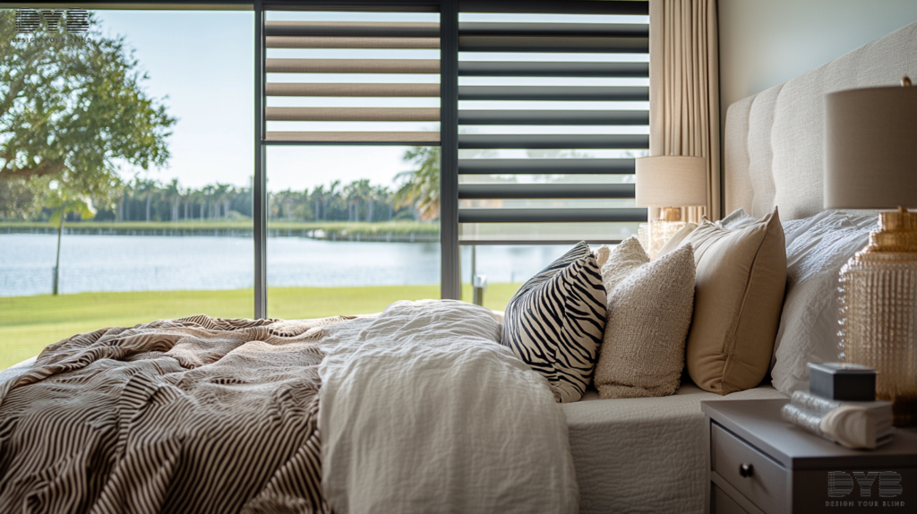 Zebra Shades in a Transitional Guest Bedroom in Lighthouse Point, FL
