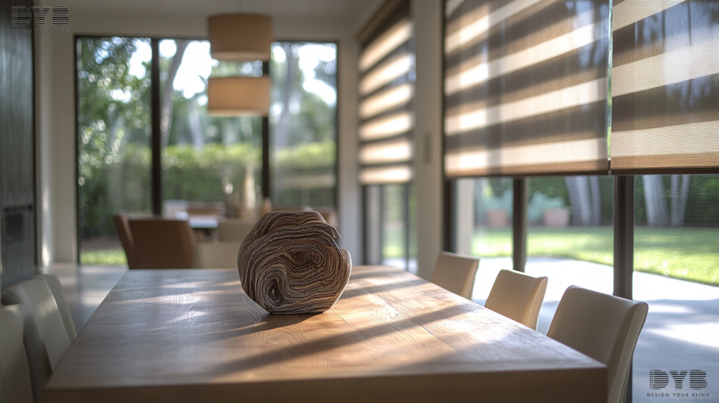 Dining room with Zebra Shades and a transitional interior design style