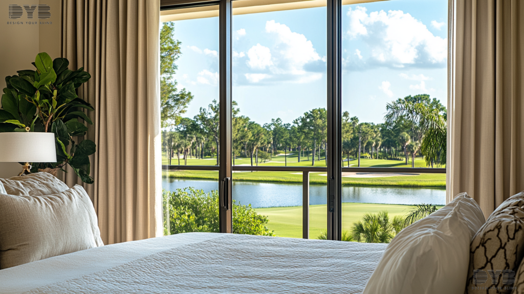 A bedroom in Boca Raton, FL, featuring a bed with plush bedding, Blackout Curtains, and a view of a golf course.