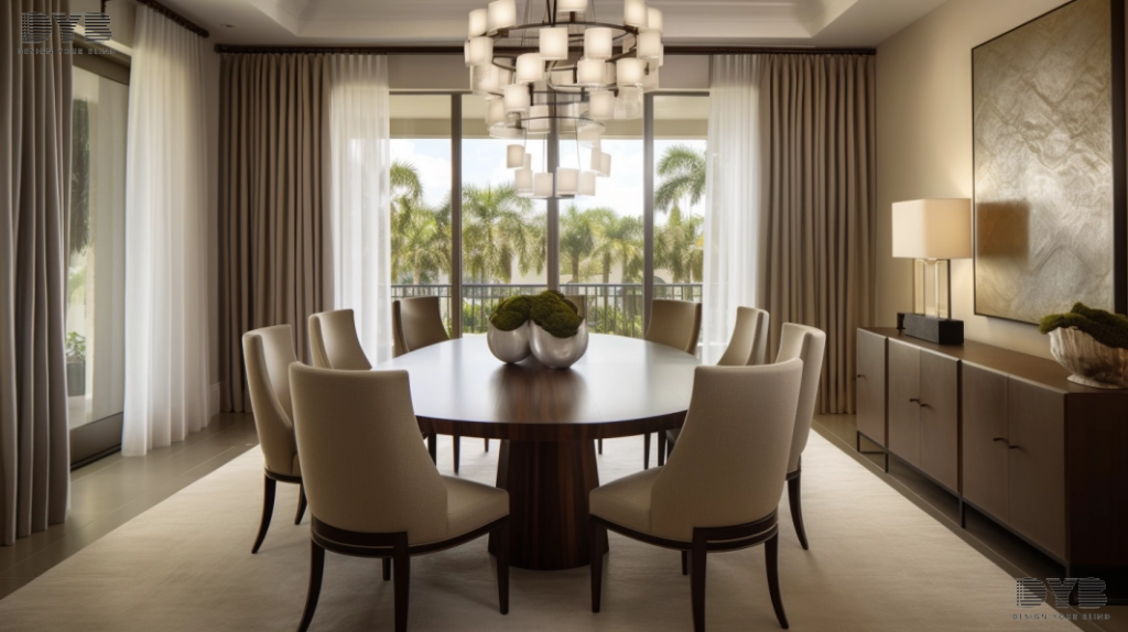 A dining room in Boca Raton, FL, featuring a dining table and chairs, Blackout Curtains, a sculpture, and a view of a lake.