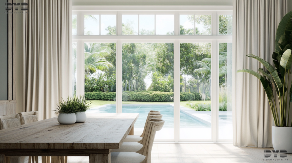 A dining room in Boca Raton, FL, with Blackout Curtains, a rustic wood dining table and chairs, and a view of a pool-side backyard.