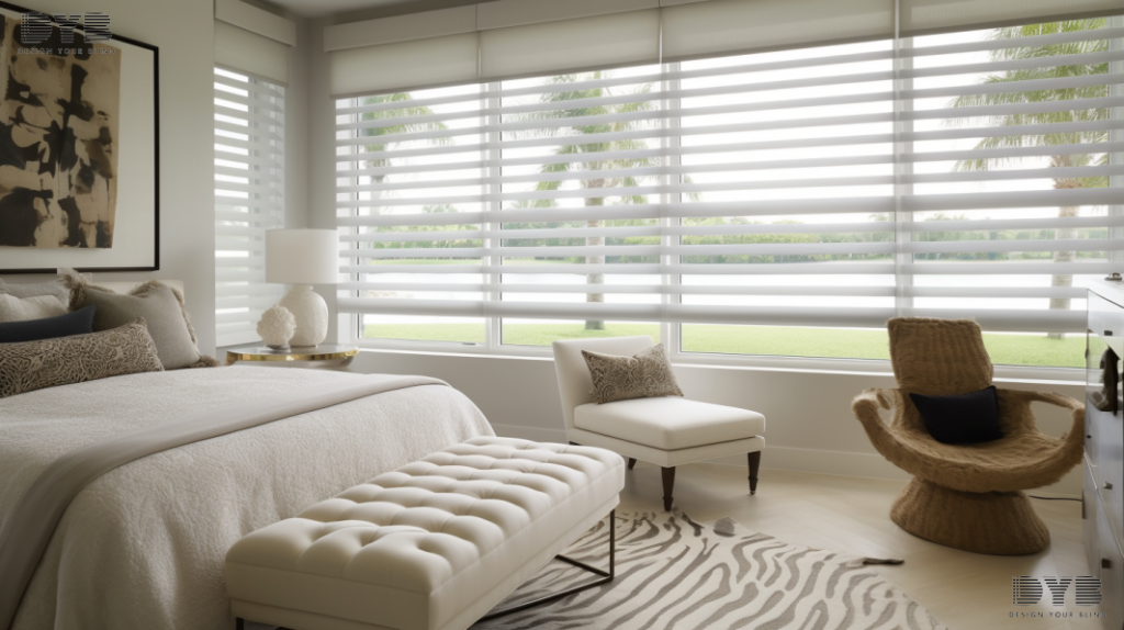 Master bedroom with Zebra Shades and a coastal interior design style