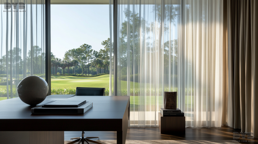 A home office with sheer curtains overlooking a golf course in Lighthouse Point, Florida.