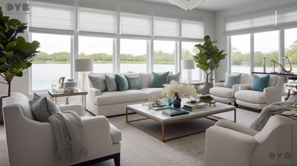 Lighthouse Point living room with Blackout Roller Shades, Coastal style, Arhaus furniture, canal view