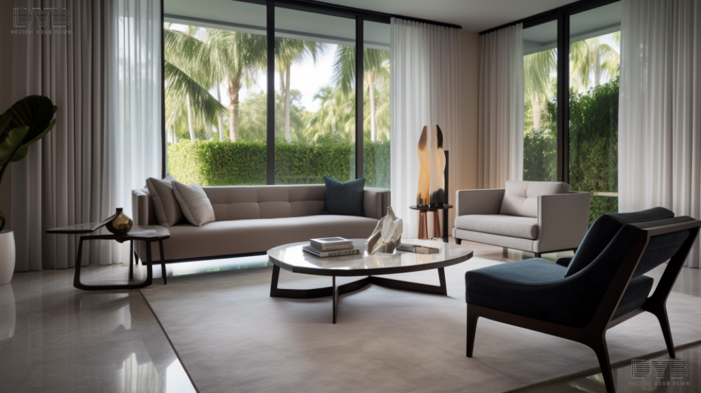 A living room with sheer curtains overlooking a backyard in Lighthouse Point, Florida.