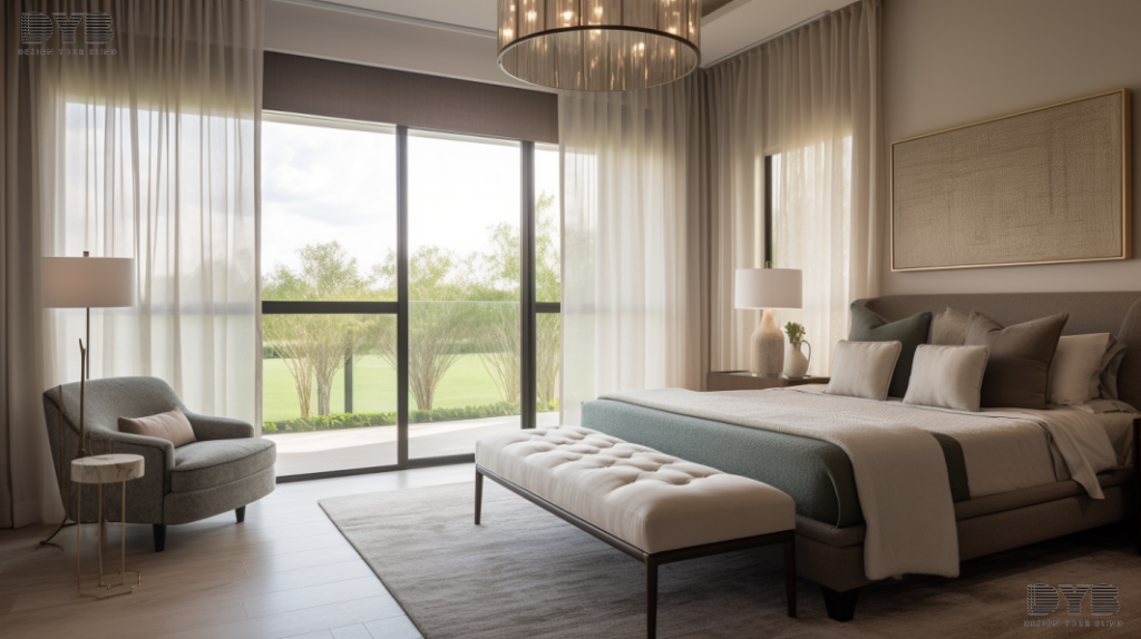 A bedroom with sheer curtains overlooking a golf course in Lighthouse Point, Florida.