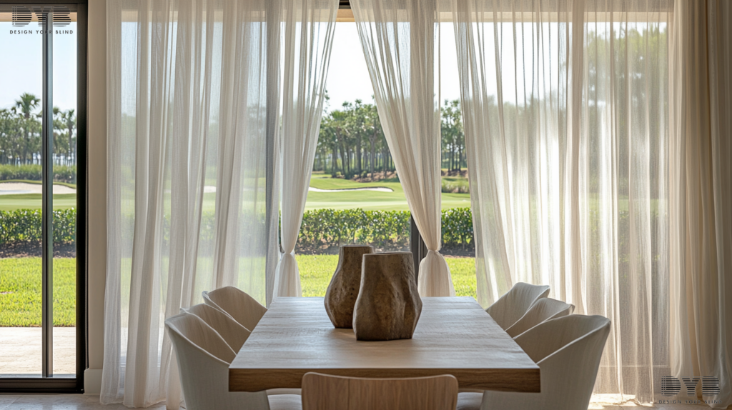 A casual dining room with sheer curtains overlooking a golf course in Lighthouse Point, Florida.