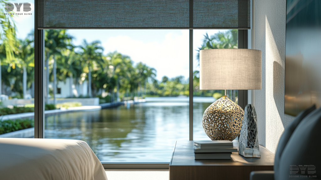 Farmhouse Modern master bedroom with Blackout Roller Shades in Lighthouse Point, FL, canal view