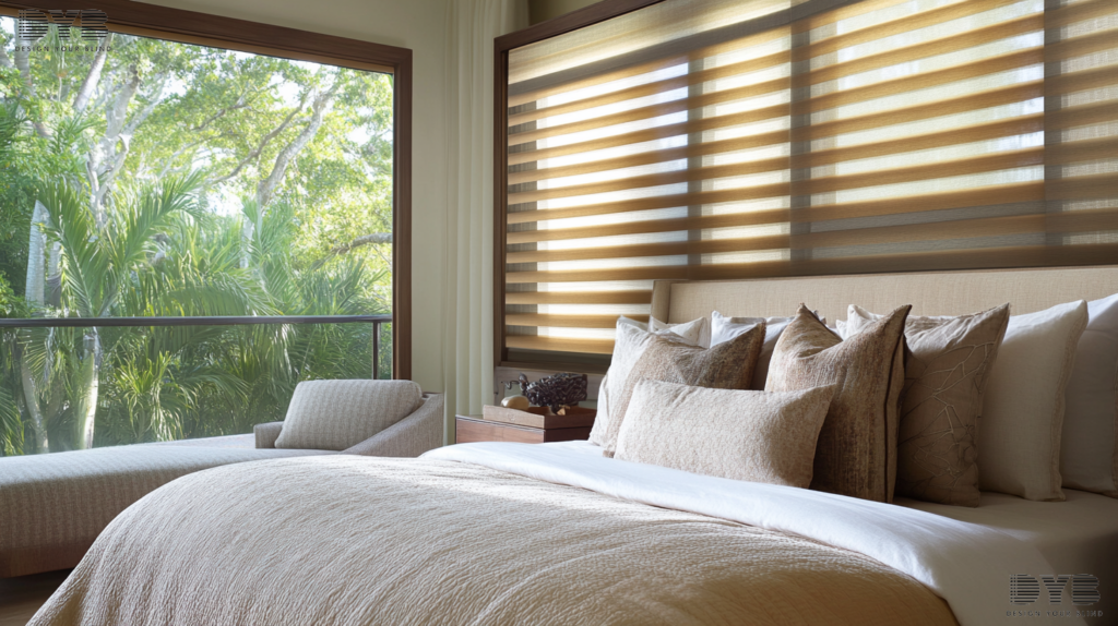 Master bedroom with Zebra Shades and a contemporary interior design style