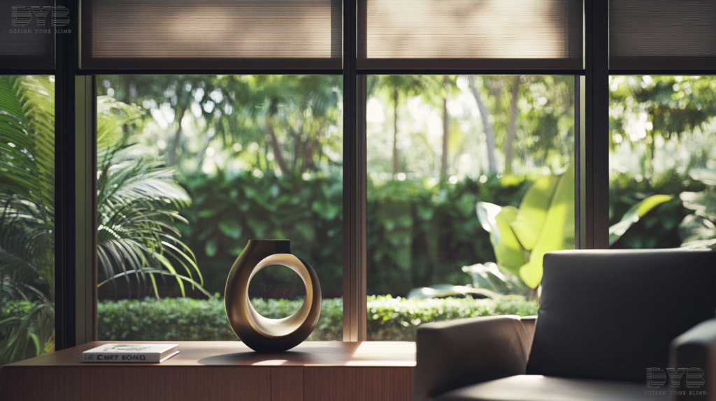 Minimalist home office with Blackout Roller Shades in Lighthouse Point, FL, Arhaus furniture, garden view
