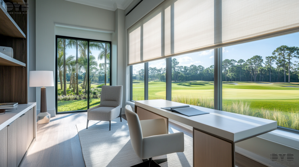 Home office in West Palm Beach, Florida with a large window overlooking a golf course, featuring a modern desk, chair, and Roller Shades.