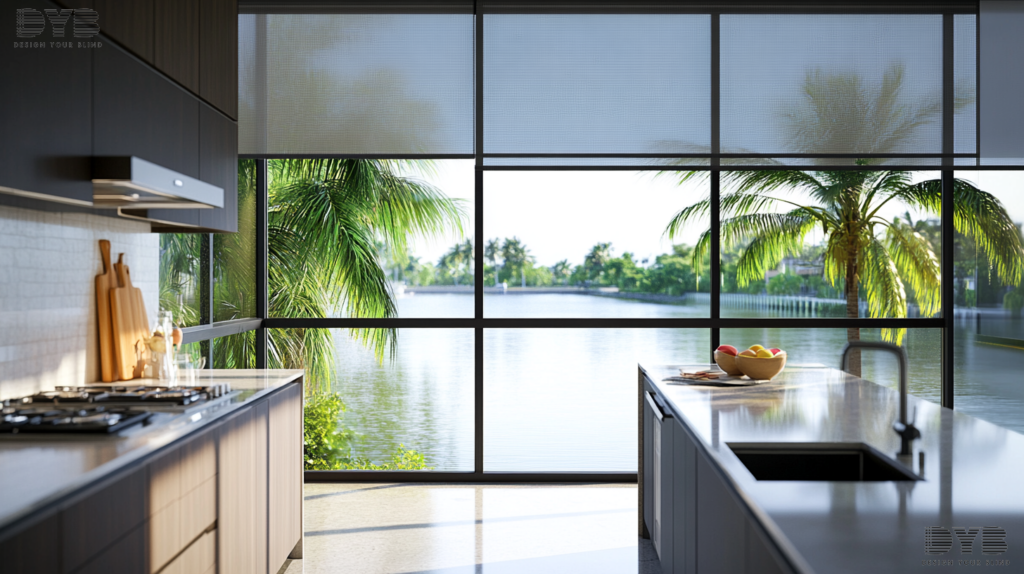 Modern kitchen in West Palm Beach, Florida with Roller Shades, featuring sleek cabinetry, top-of-the-line appliances, and a view of a canal.