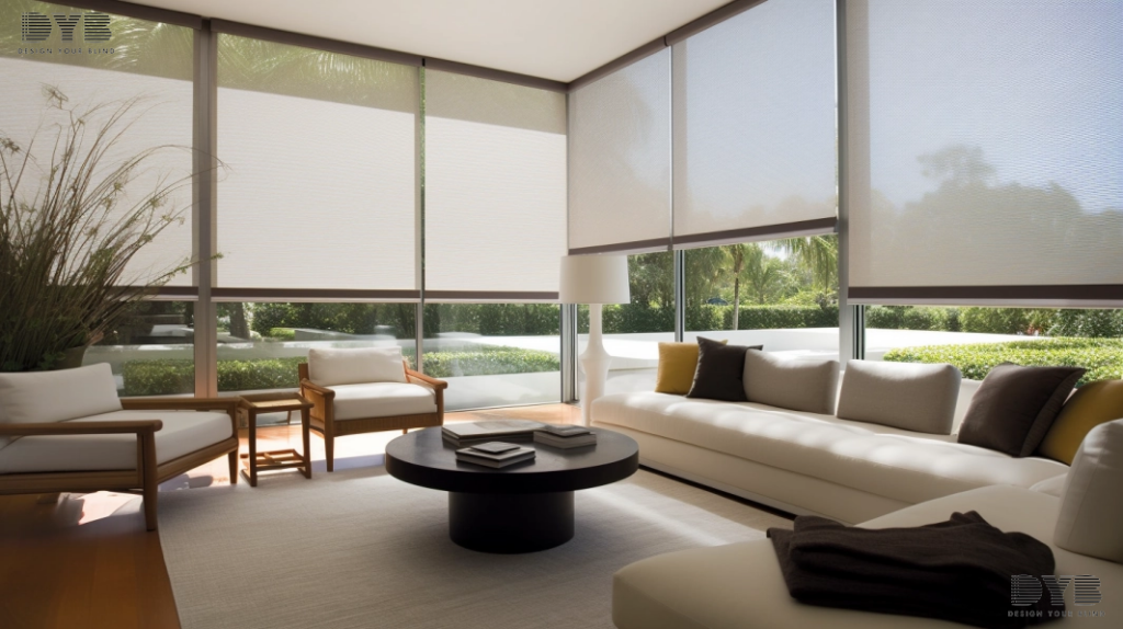 Contemporary living room in West Palm Beach, Florida with Roller Shades, featuring a sectional sofa, coffee table, and a view of a lush garden.