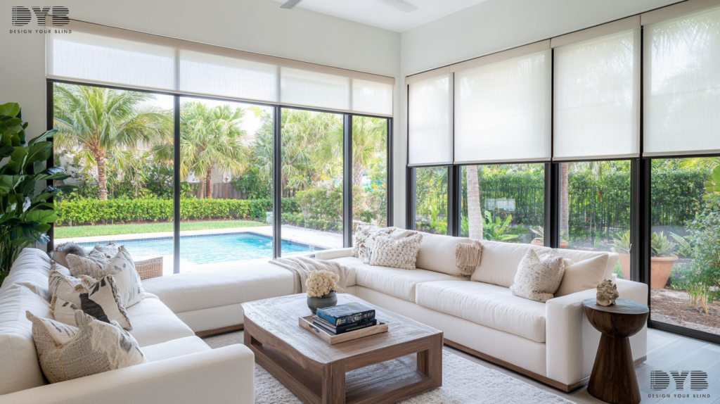 Living room in West Palm Beach, Florida with Roller Shades, featuring a sectional sofa, coffee table, and a view of a backyard with a pool.