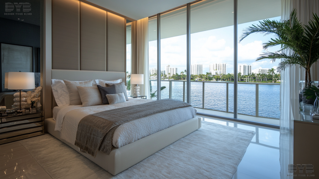 Master bedroom in West Palm Beach, Florida with a king-size bed, minimalist nightstand, and Motorized Roller Shades, overlooking the Intercoastal Waterway.