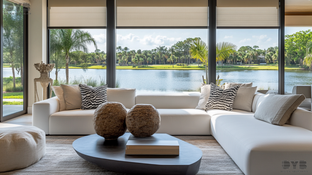 Living room with Zebra Shades and a contemporary interior design style