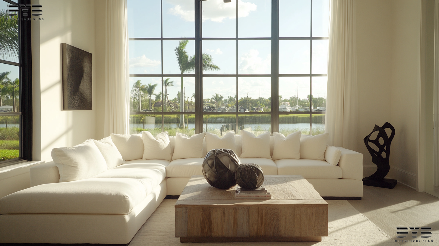 A Family Room in Boca Raton with Blackout Curtains, showcasing a Farmhouse Modern style with contemporary touches.