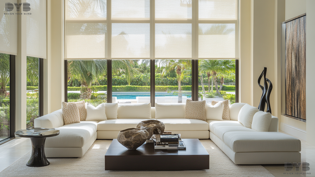 A Transitional Living Room in Boca Raton with Blackout Curtains, showcasing a blend of modern and traditional styles.