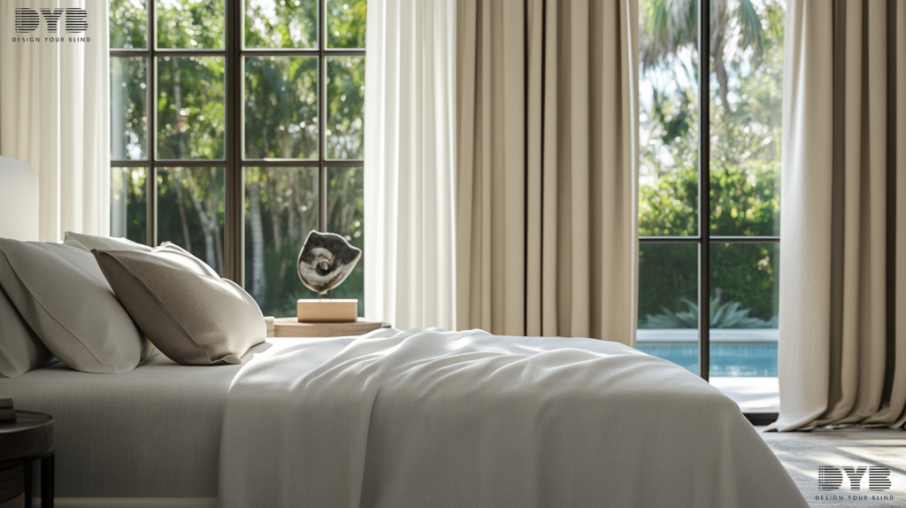 A Coastal Bedroom in Boca Raton with Blackout Curtains, showcasing a serene and inviting atmosphere.