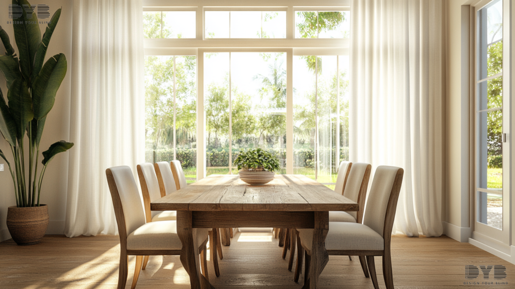 Boca Raton Casual Dining Room with Sheer Curtains, Coastal style, Baker Furniture, backyard views